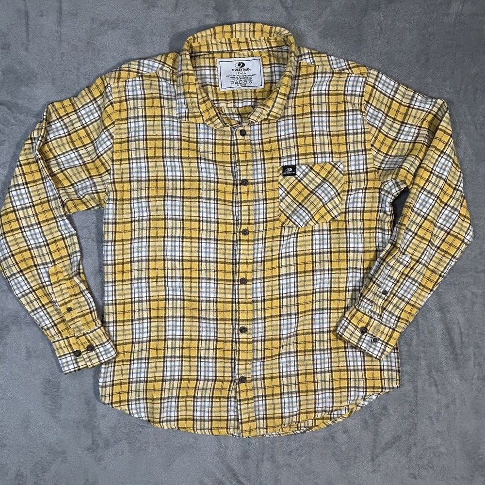 Mossy Oak Men's Large Yellow Plaid Flannel Shirt 100% Cotton Button Front Casual